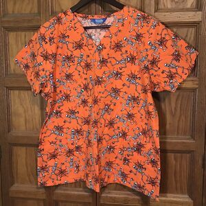Scrub Wear Halloween Top Women's L Cotton Orange Skull V-Neck SS 2 Pockets Scrub
